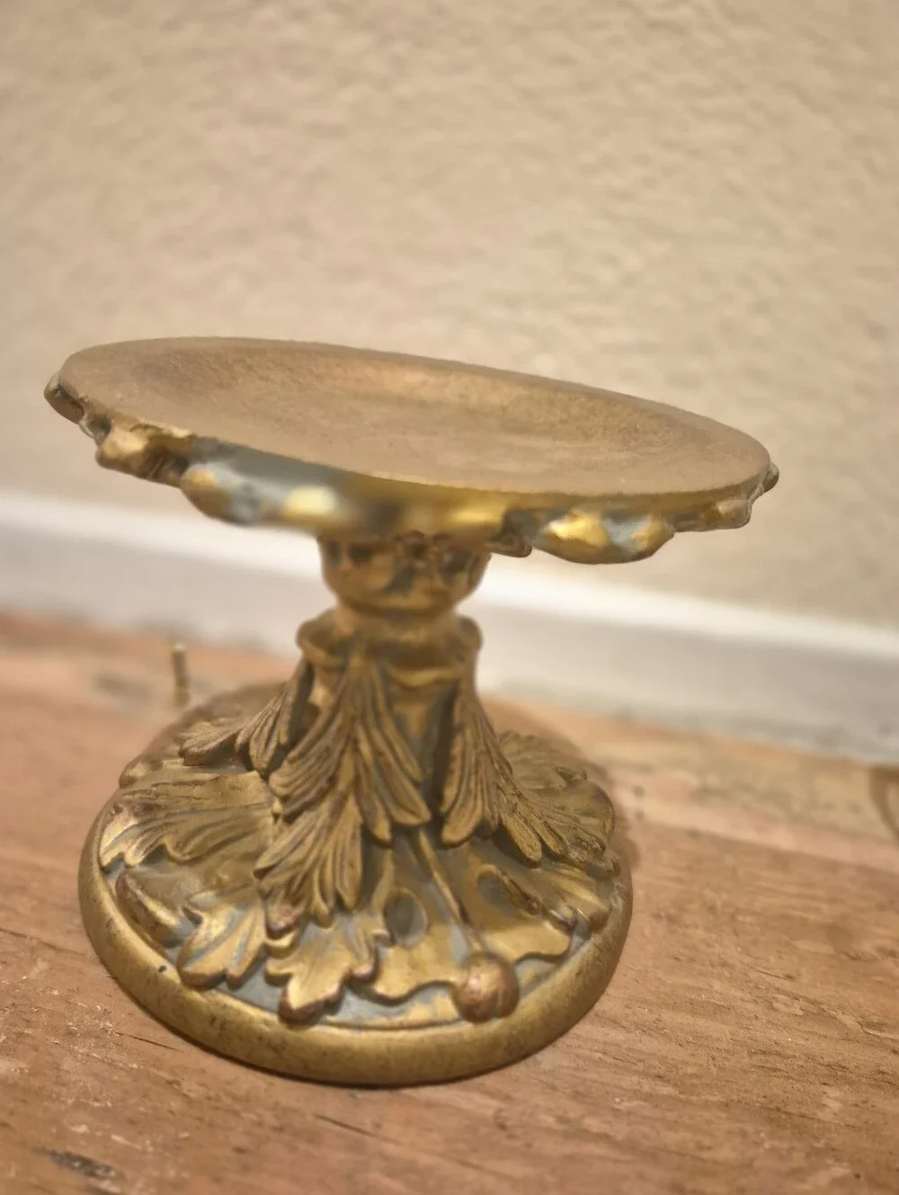 Vintage Ornate Gold Acanthus Leaf Pillar Candle Holder Pedestal  4x5x4 Inches